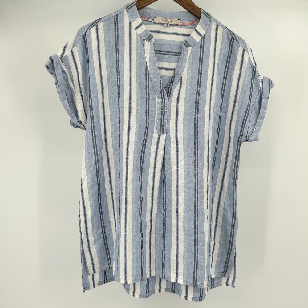 Coastal Cottage Boxy Linen Blend Top Womens M Preppy Peasant Lagenlook Nautical